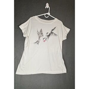 AllSaints Women's T-Shirt M/L White Birds & Rose Graphic Rolled Cuff Sleeve
